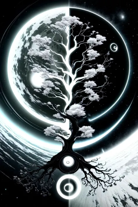 <lora:YinYangTech:.8> yinyangtech , scifi, yin yang, flow, a black and white tree