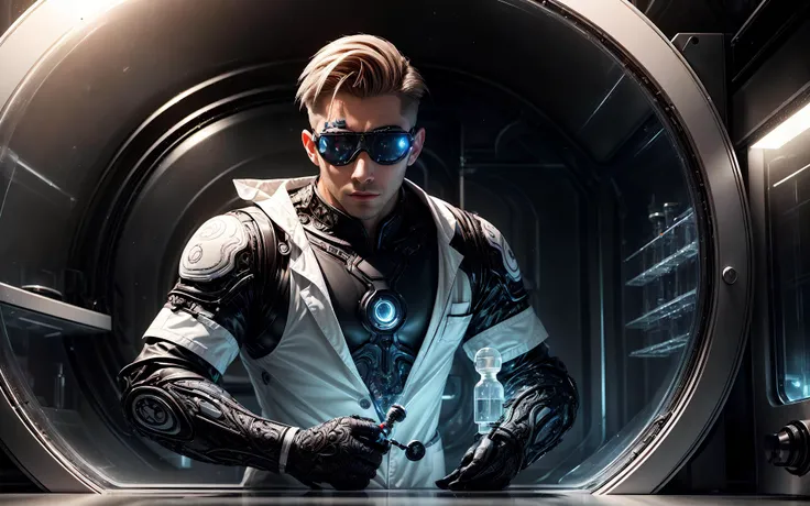 a close up of a man in a futuristic suit holding a knife