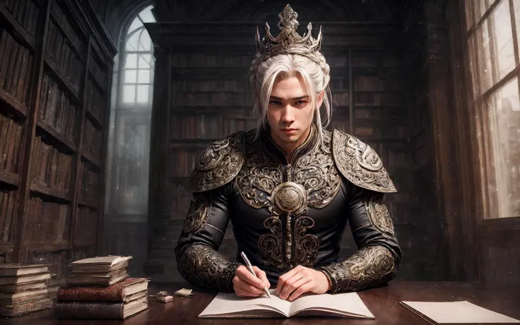 a woman in a crown sits at a table writing in a book