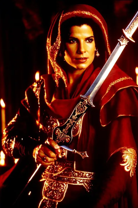 Sks woman with a sword, 1970s sword-and-sorcery movie still,burning forest background,elegant toga, <lora:locon_sandra_v1_from_v1_64_32:1>