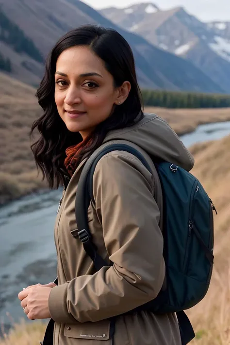 ((selfie)) photo of arch1ep4njabi, smiling, outdoors, mountains, wearing a backpack, sweater, and hiking jacket, rocks, river, wood, analog style (look at viewer:1.2) (skin texture), close up, cinematic light, sidelighting, Fujiflim XT3, DSLR, 50mm