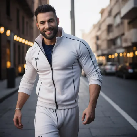 arafed man in a white jacket and white pants walking down a street