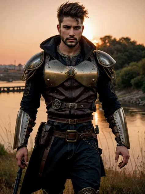 a close up of a man in armor standing near a body of water