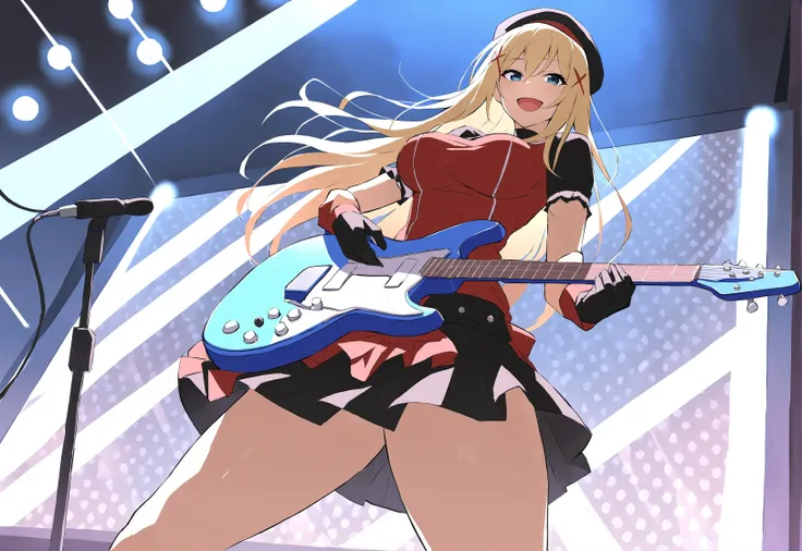 <lora:Darkness10:0.8>,Darkness, darkness (konosuba),hair down, blonde hair, long hair, hair between eyes, blue eyes,large breasts, 1girl, looking at viewer, from below,open mouth, :D, playing an electric guitar, blue electric guitar, concert, lights,screen...