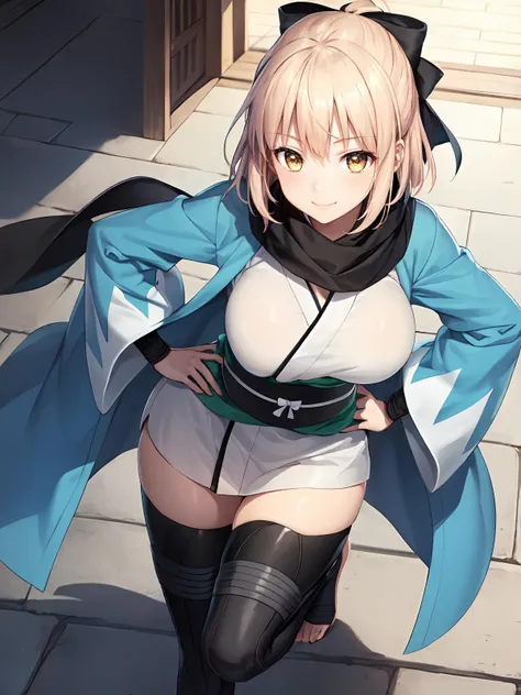 (extremely detailed CG), (best quality), perfect face, shiny skin, lustrous skin,wide hips,   1girl,solo , <lora:OkitaSouji-10:0.8>OkitaSouji,arm guards,wide sleeves,toeless legwear,bangs,obi, white kimono, shinsengumi, black thighighs, yellow eyes,thighhi...