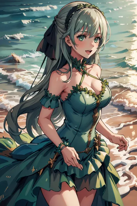 masterpiece, best quality, <lora:edgSeaweedDressv1:1> edgSeaweed, green dress, wearing edgSeaweed_dress with seashells  <lora:elie-nvwls-v2-zero:0.7> elie macdowell, green eyes, hairband, hair ribbon, large breasts, ocean, beach, looking at viewer, :D, cow...