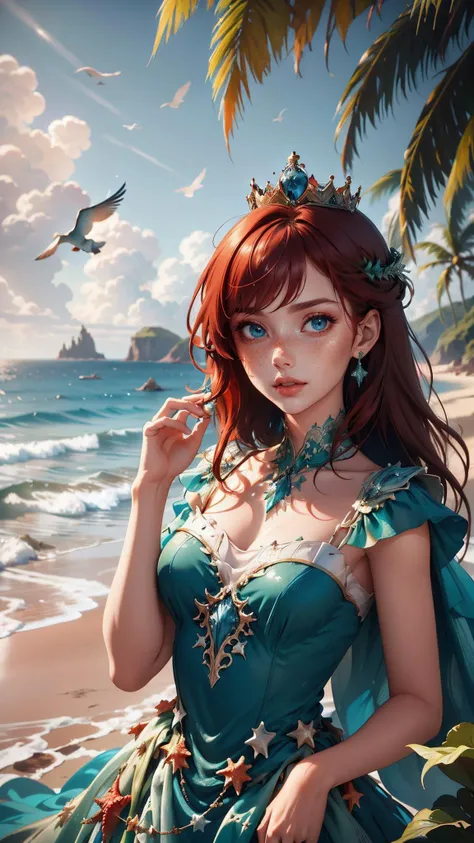 best quality, high quality, detailed, 
reddish hair, blue eyes, freckles, 
green dress, star, fish, ocean, birds, princess, crown,
wearing edgSeaweed_dress with seashells,
detailed scenery, epic scenery, vibrant colors,
 <lora:edgSeaweedDressv1:0.6>