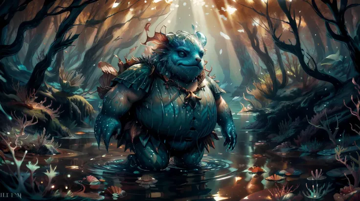 a painting of a troll in a forest with a light shining through the trees