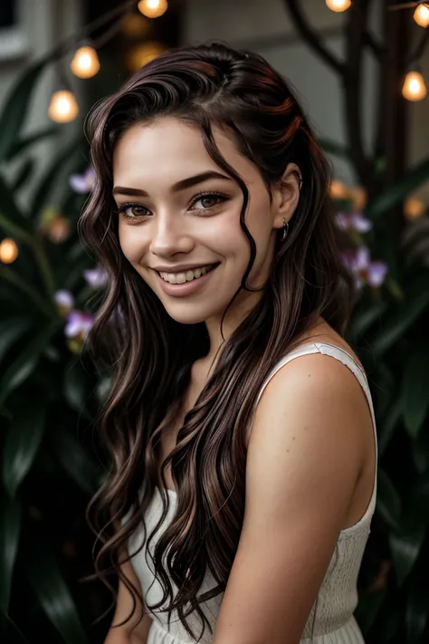 a close up of a woman with long hair smiling at the camera