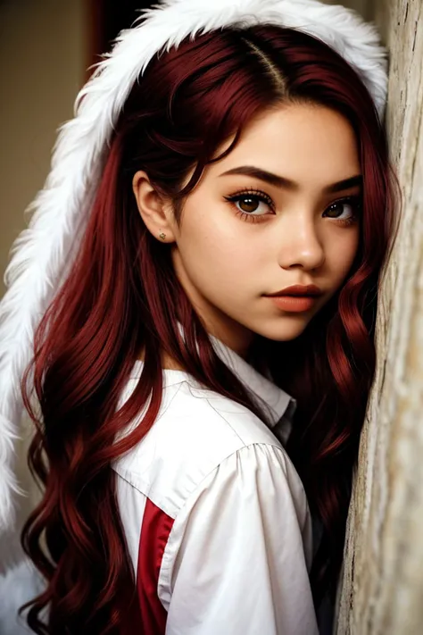 a close up of a woman with long red hair and a white headband