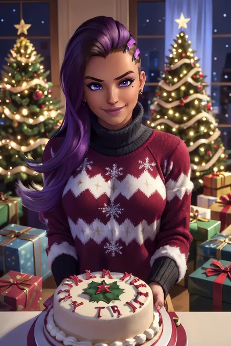 owsombra,, purple hair, purple eyes, mole under eye, wearing a christmas sweater, looking at viewer, serious, smiling, upper body shot,
celebrateCake,christmas,christmas lights,christmas ornaments,christmas tree,celebrateCake, standing next to a christmas ...