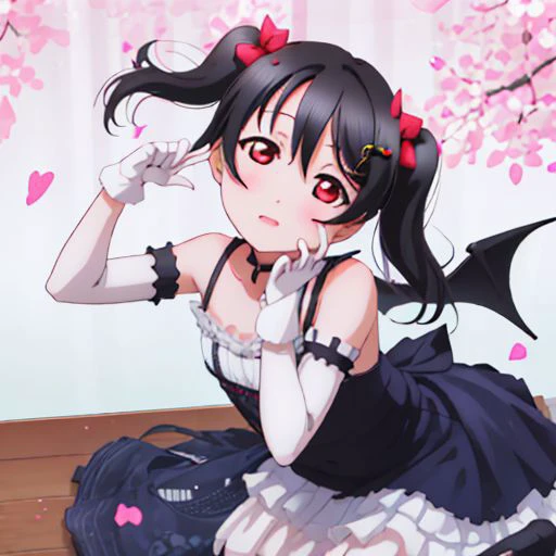 anime girl with black hair and red eyes sitting on the floor