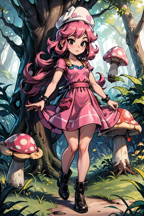 best quality, masterpiece,  (((sfw))),  <lora:toadette_nintento_v1:0.7> toadette, 1girl, solo, dress, full body, black eyes, pink dress, mushroom, forest background, no hair,