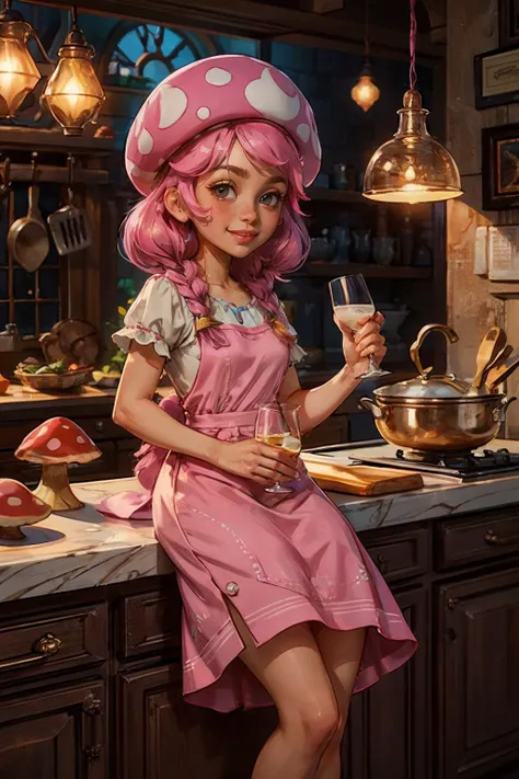 toadette, pink hair, braided hair, black eyes, pink dress,(pink mushroom cap), looking at viewer, smiling, serious, sitting, on counter, inside a cozy kitchen, holding a glass of milk, playful ambiance, high quality, masterpiece, <lora:toadette_nintento_v1...