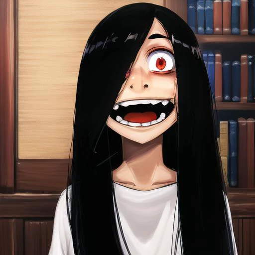 ((masterpiece)),(best quality), absurdres,sadako_yamamura, white dress, red_eyes, <lora:Sadakobest:0.7>, looking at viewer,   <lora:vasyaLozhkinStyle_lozhkinV1:0.57>,lozhkin, big smile, accurate teeth with gaps,open mouth, 1girl,solo,