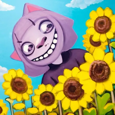 sfw, 1girl, solo, lozhkin, big smile, accurate teeth with gaps <lora:lozhkin_V1:0.65>,  masunya, cat ears,  (purple skin color:1.1),   <lora:my_LoRA_masunya_v3:0.8> outdoors,  summer sunflower field, fisheye,