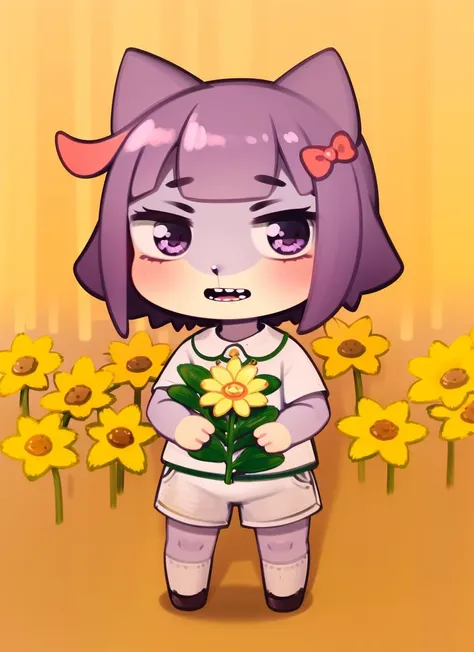 a cartoon girl with a cat ears holding a flower in a field of flowers