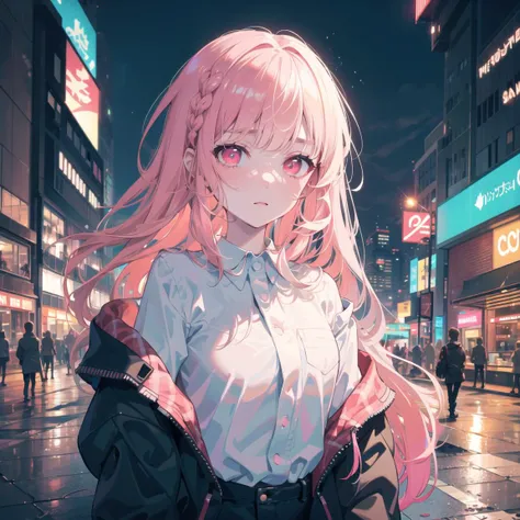 1girl, solo, loli, petite,(night_sky), (very_long_pink_hair), braids, (red_eyes), medium_breasts, (white_shirt:1.5), (windbreaker), (off_shoulder:1.2), (portrait), glowing_eyes, background_light, (cityscape:1.5), (neon_lights:1.2), (science), cyberpunk, ((...
