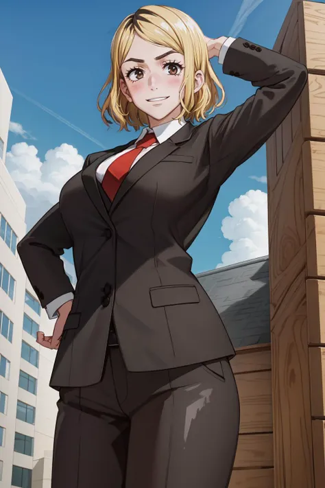 AkariBS1, 1girl, solo, short hair, blonde hair, shirt, white shirt, collared shirt, jacket, necktie, red necktie, multicolored hair, two-tone hair, black jacket, formal, suit, smile, cowboy shot, looking at viewer, long sleeves, black hair, pants, black pa...