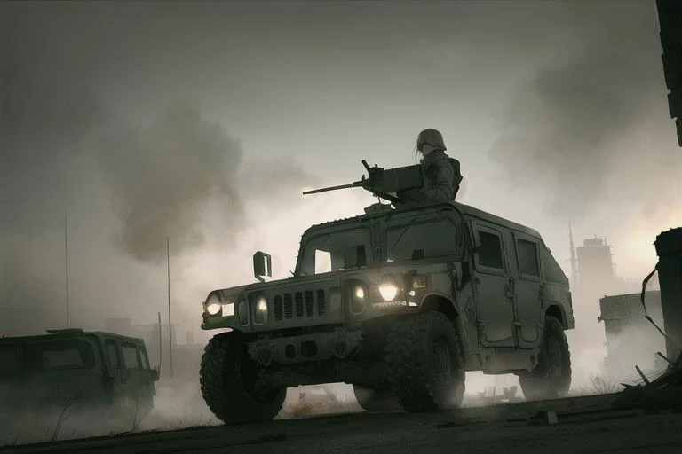 a close up of a military vehicle driving through a city