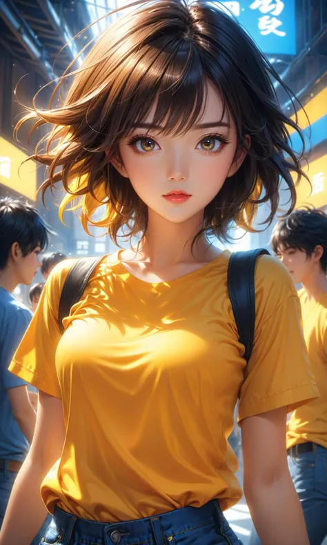 beautiful girl with yellow t-shirt and jeans dancing, cute face, highly detailed face, complementary lighting, backlit, dramatic lighting, digital painting, by Stanley Artgerm Lau, WLOP, Rossdraws, James Jean, Andrei Riabovitchev, Marc Simonetti, and Sakim...