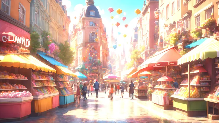 best quality,masterpiece,highres, extremely detailed CG, perfect lighting, 8k wallpaper, RAW photo,detailed background,
(A candy store in the city:1.1),(Fountains, Flying Pigeons, park benches, colorful umbrellas,Critters, streams, park, cafe.:0.9),(Happy ...