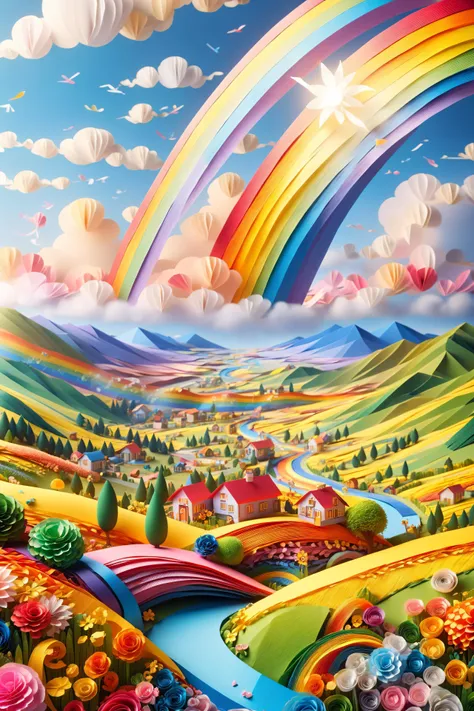 beautiful landscape, valley, flower, hills, small clouds, rainbow, ral-paperstreamer, illustration <lora:ral-paperstreamer:1>, (masterpiece:1.2), best quality, (hyperdetailed, highest detailed:1.2), high resolution textures, <lora:EnvyBetterHiresFixXL01:1>