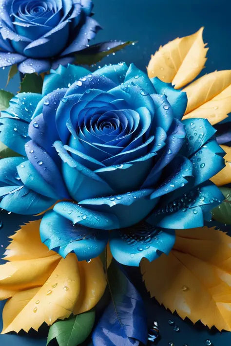 there are two blue roses with yellow leaves on a blue surface