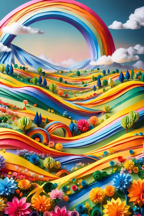 beautiful landscape, valley, flower, hills, small clouds, rainbow, ral-paperstreamer, illustration <lora:ral-paperstreamer:1>, (masterpiece:1.2), best quality, (hyperdetailed, highest detailed:1.2), high resolution textures, <lora:EnvyBetterHiresFixXL01:1>