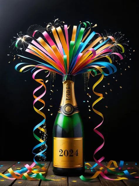 A champagne bottle popping at the stroke of midnight, the spray and fizz turning into bright ral-paperstreamer effects to celebrate New Year 2024 <lora:ral-paperstreamer-sdxl:1> <lora:EnvyBetterHiresFixXL01:0:hr=1>