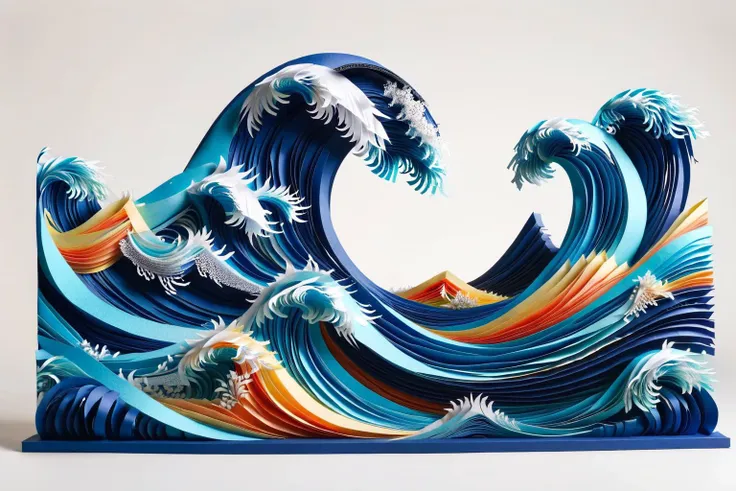 a close up of a paper sculpture of a wave with a sky background