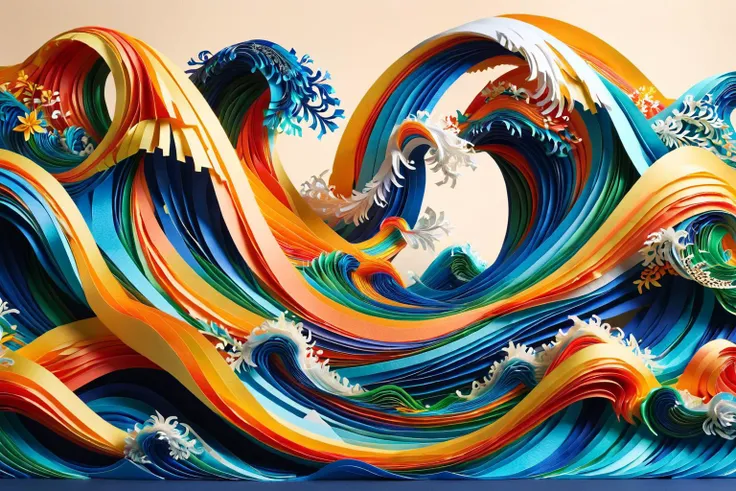 a close up of a colorful paper sculpture of a wave