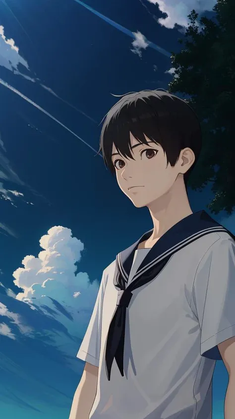 1boy,kaito,masterpiece,best quality,absurdres,incredibly absurdres,artbook,rim light,simple_background,in spring,cirrus,Altocumulus,nature,upper_body,out of frame,<lora:Kei :1>,sailor,black hair,buzz cut