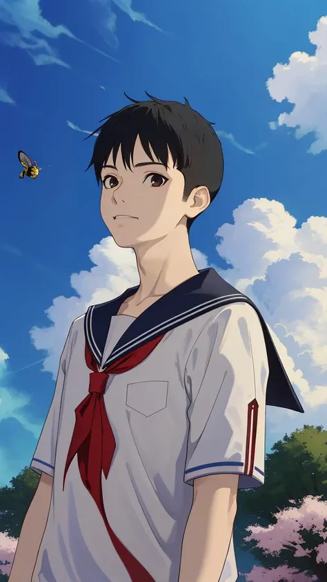 1boy,kaito,masterpiece,best quality,absurdres,incredibly absurdres,artbook,rim light,simple_background,in spring,cirrus,Altocumulus,nature,upper_body,out of frame,<lora:Kei :1>,sailor,black hair,buzz cut