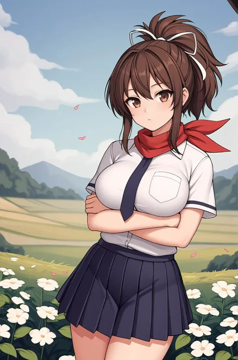 anime girl in a school uniform standing in a field of flowers