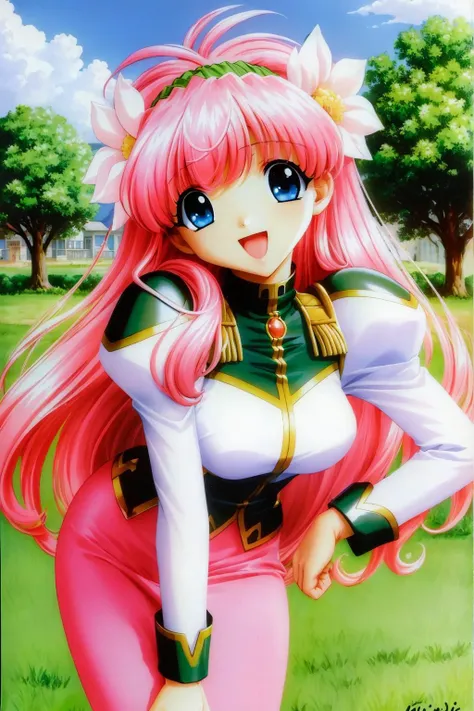 a close up of a anime girl with pink hair and a pink outfit