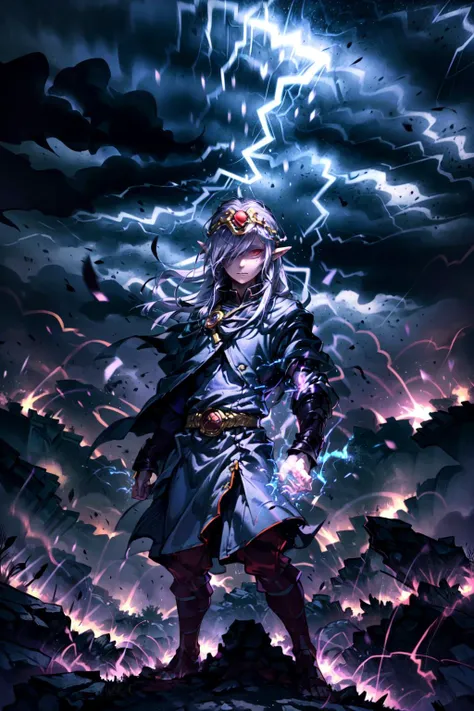 a woman in a blue dress standing in front of a lightning storm