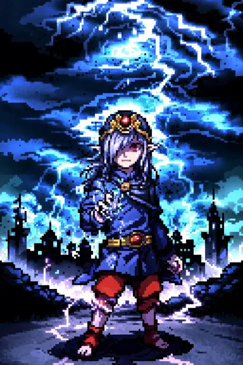 a pixel art of a woman in a blue outfit standing in front of a lightning