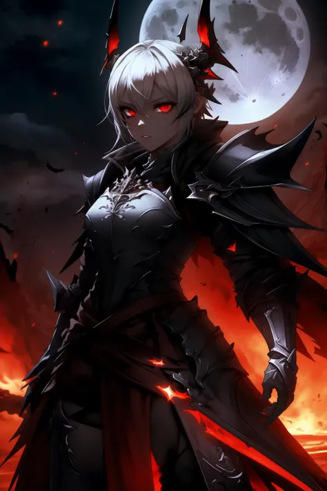 a woman with red eyes and a black cape stands in front of a full moon