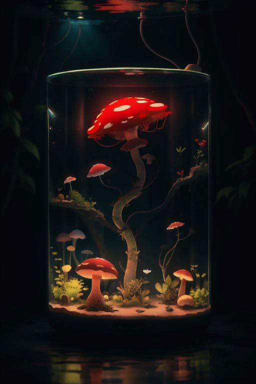 a glass jar filled with mushrooms and plants in the dark