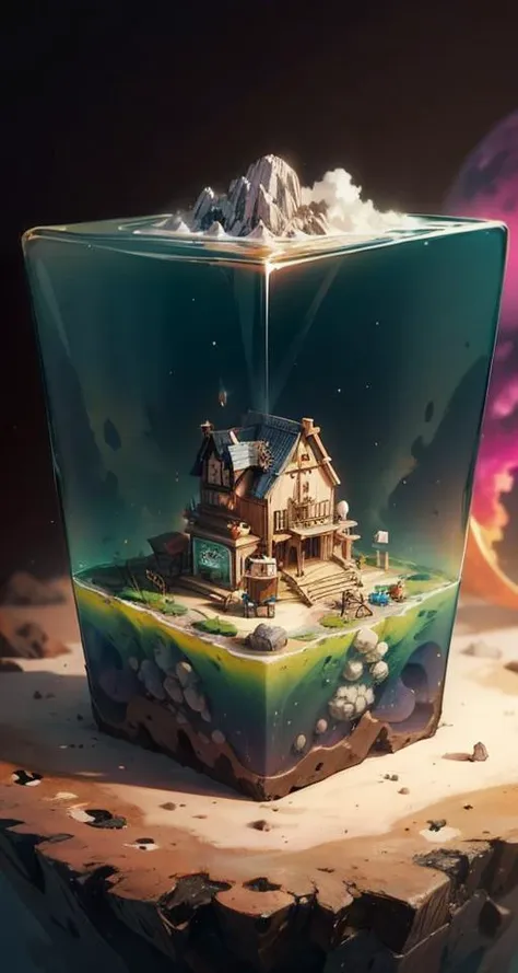 a picture of a small house in a box with a mountain in the background