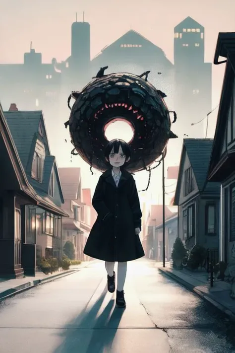 a woman walking down a street with a giant doughnut on her head