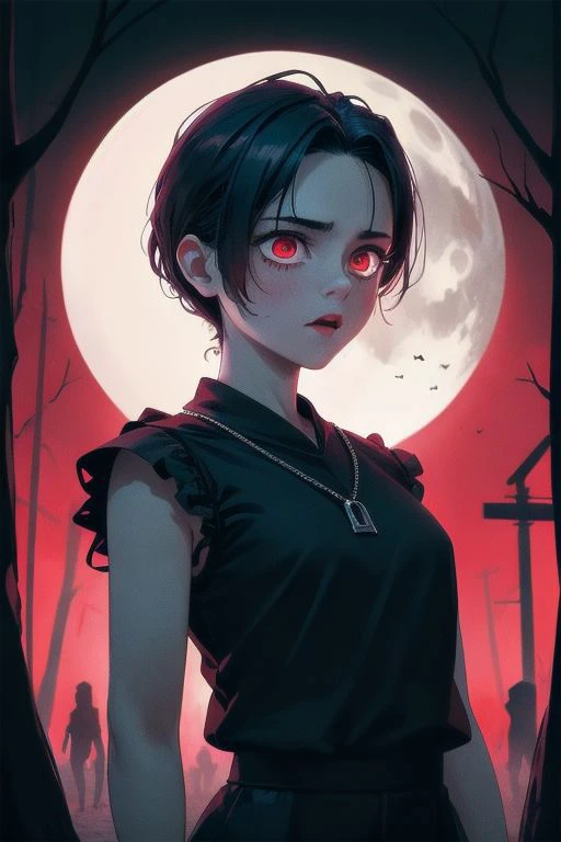 a woman with red eyes standing in front of a full moon