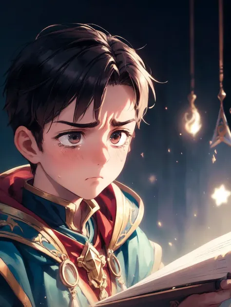 cinematic, aesthetic, (masterpiece:1), A ((Close Up of 1boy)) (thats sad) , ((look away from the camera and act as Spellcaster)), court as background