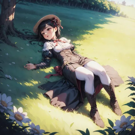 anime girl laying on the ground in a field of flowers