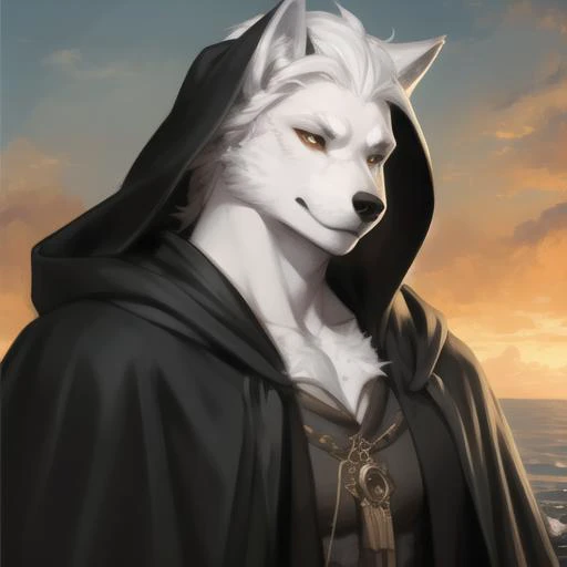 black cloak,Ruan Jia,Pino Daeni,darkgem,dimwitdog,muscular male wolf anthro, (detailed face), (detailed fluffy fur)