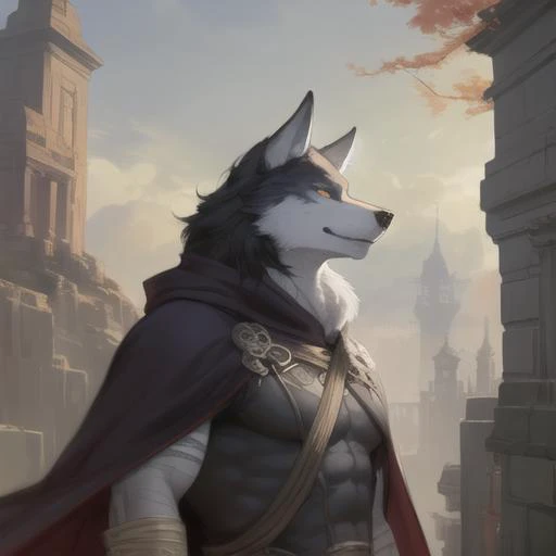 <lora:blaidd-000019:0.8>,blaidd,blaidd cloak,ruan jia,pino daeni,darkgem,dimwitdog,muscular male wolf anthro, (detailed face), (...