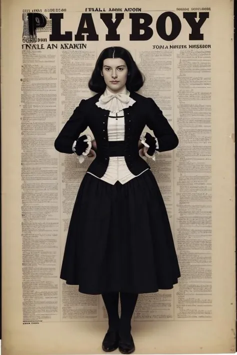 photo of a old fashioned woman with her hands on her hips on a photoshoot for (1700s:1.1), (playboy magazine cover), Civil war, Boston Tea Party, black and white, weathered paper, old english text, cover text <lora:playboy_cover_sd15:0.8>, <lora:add_detail...