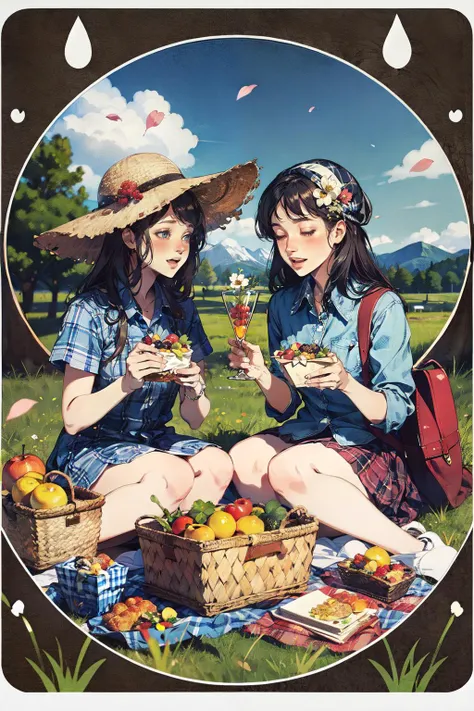 (masterpiece, best quality, hires, high resolution:1.2),<lora:å¡çèºæ¯2:0.55>,card border,HEZI,Card design,picnic,2girls,outdoors,hat,black hair,food,tree,open mouth,grass,shirt,sky,smile,white headwear,flower,cloud,sitting,long hair,holding,blush,blur...