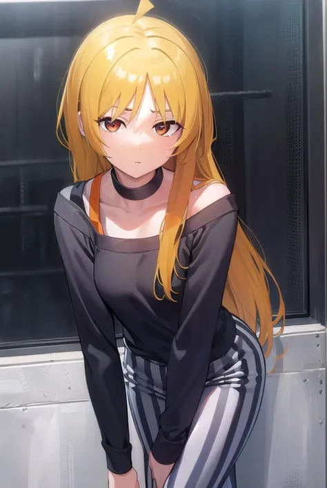 seikaijichi, <lyco:seikaijichi-lyco-nochekaiser:1>, 
seika ijichi, ahoge, blonde hair, yellow hair, long hair, (orange eyes:1.5), parted bangs, sidelocks,
BREAK black footwear, black shirt, choker, high heels, long sleeves, pants, shirt, striped, striped p...